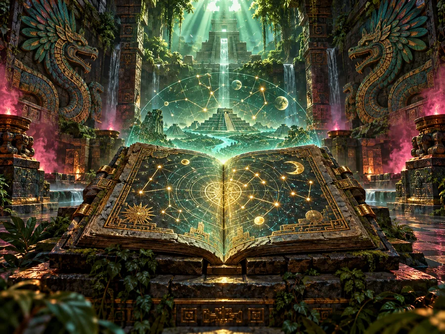 Original stone codex projecting constellations inside an overgrown pyramid chamber