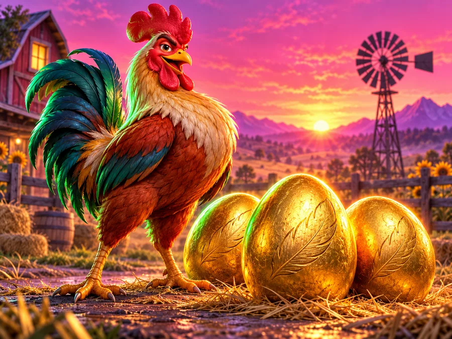 Original editorial art of a rooster and three gold egg-shaped tokens at sunrise