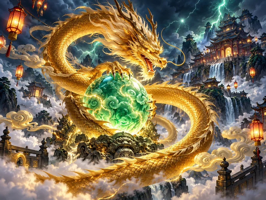 Original golden dragon spiralling around a jade crystal above a mountain temple