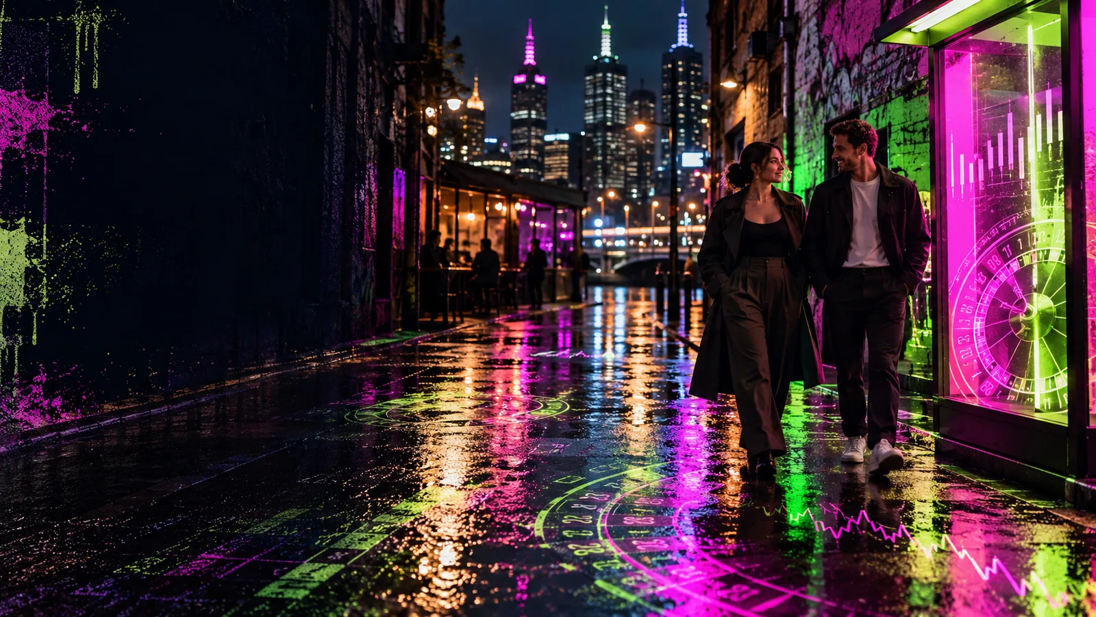 Original editorial image of two adults walking through a neon Melbourne laneway