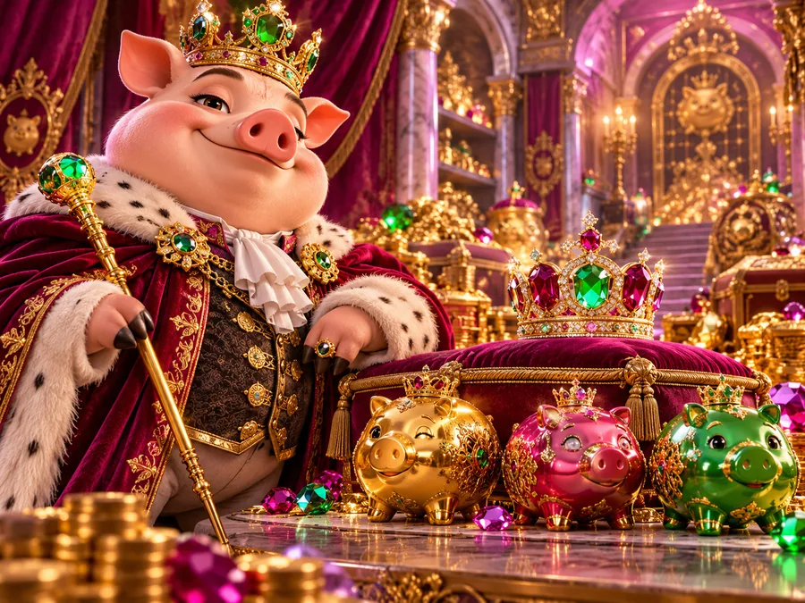 Original pig monarch beside a crystal crown and three ornate piggy banks
