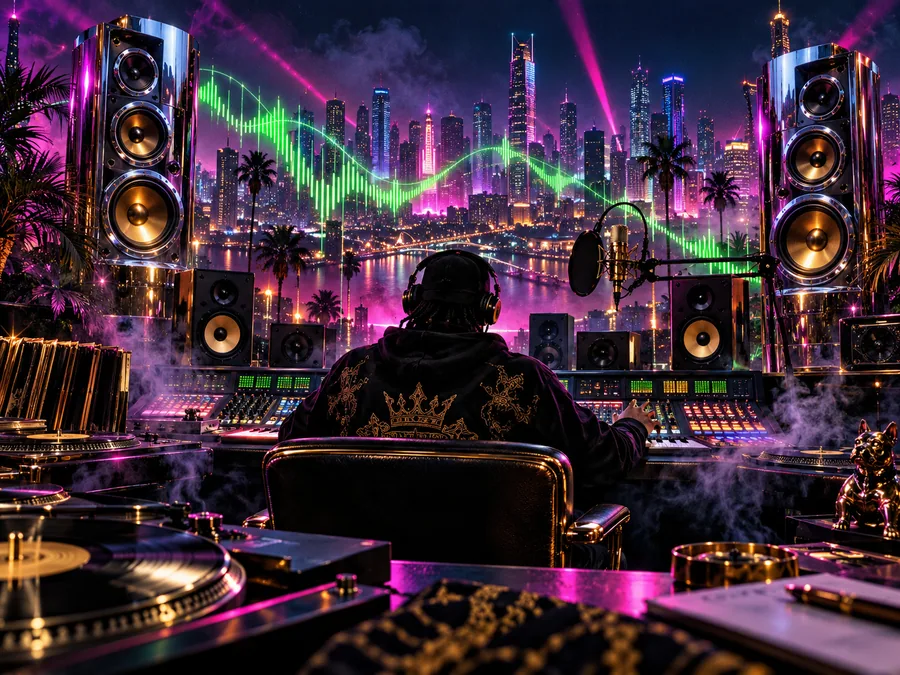 Original anonymous music producer in a neon rooftop studio with equalizer ribbons