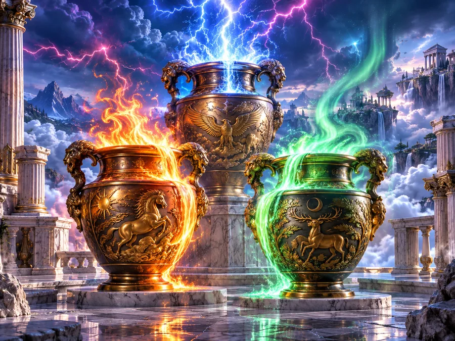 Three monumental bronze pots overflowing with lightning fire and green aurora