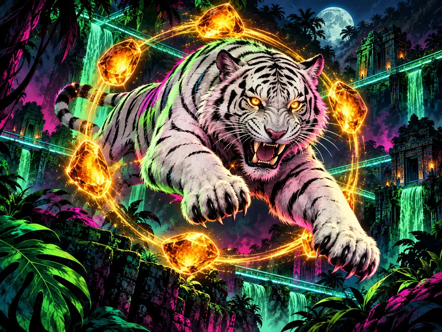 Original white tiger leaping through a ring of glowing amber stones