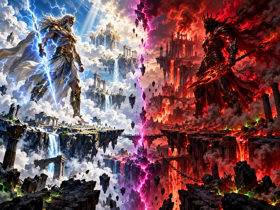 Original mythic duel between a sky guardian and an underworld guardian